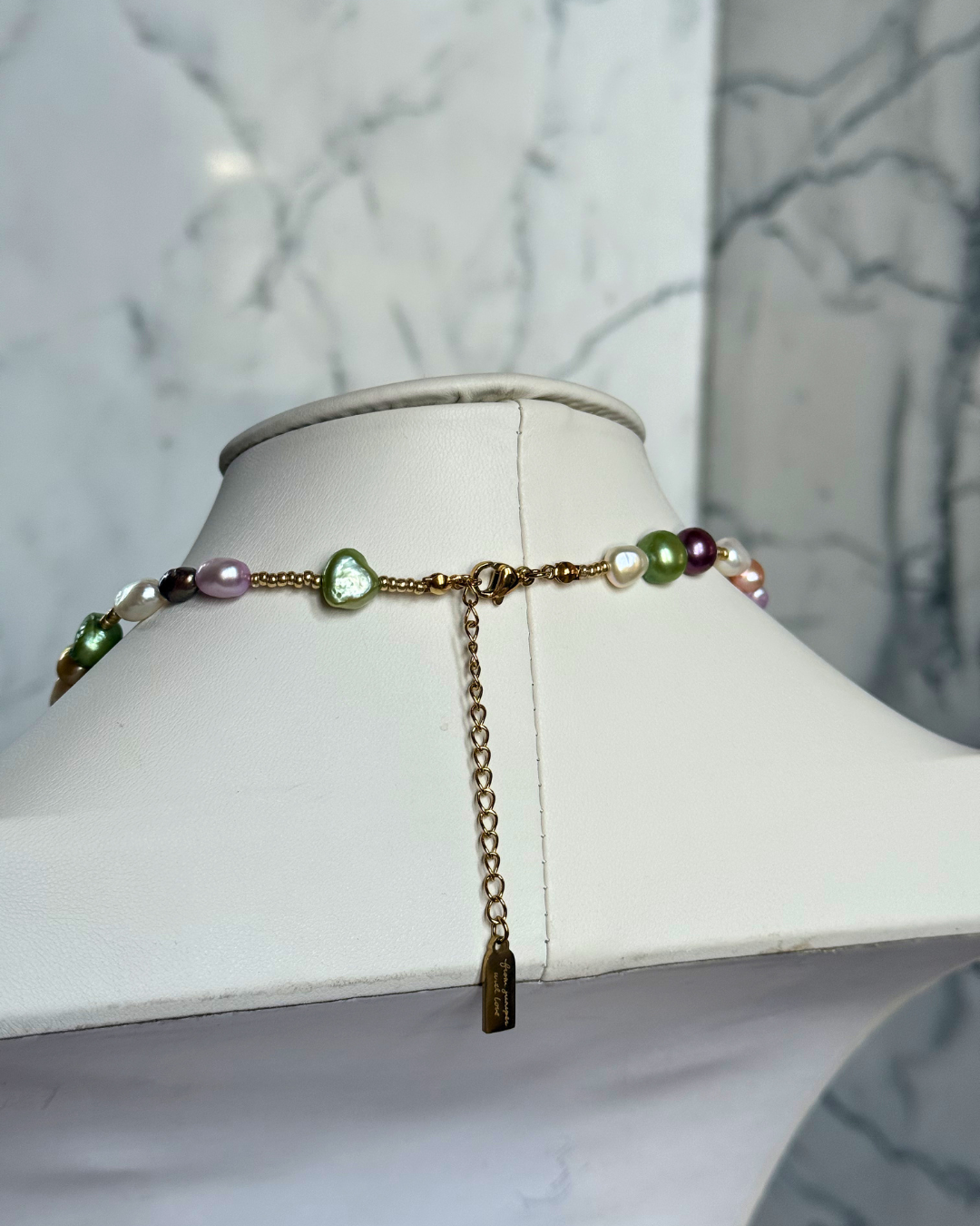 Keepsake Strand Secret Garden necklace by From Juniper With Love, multicolor pearl beads on a gold chain.
