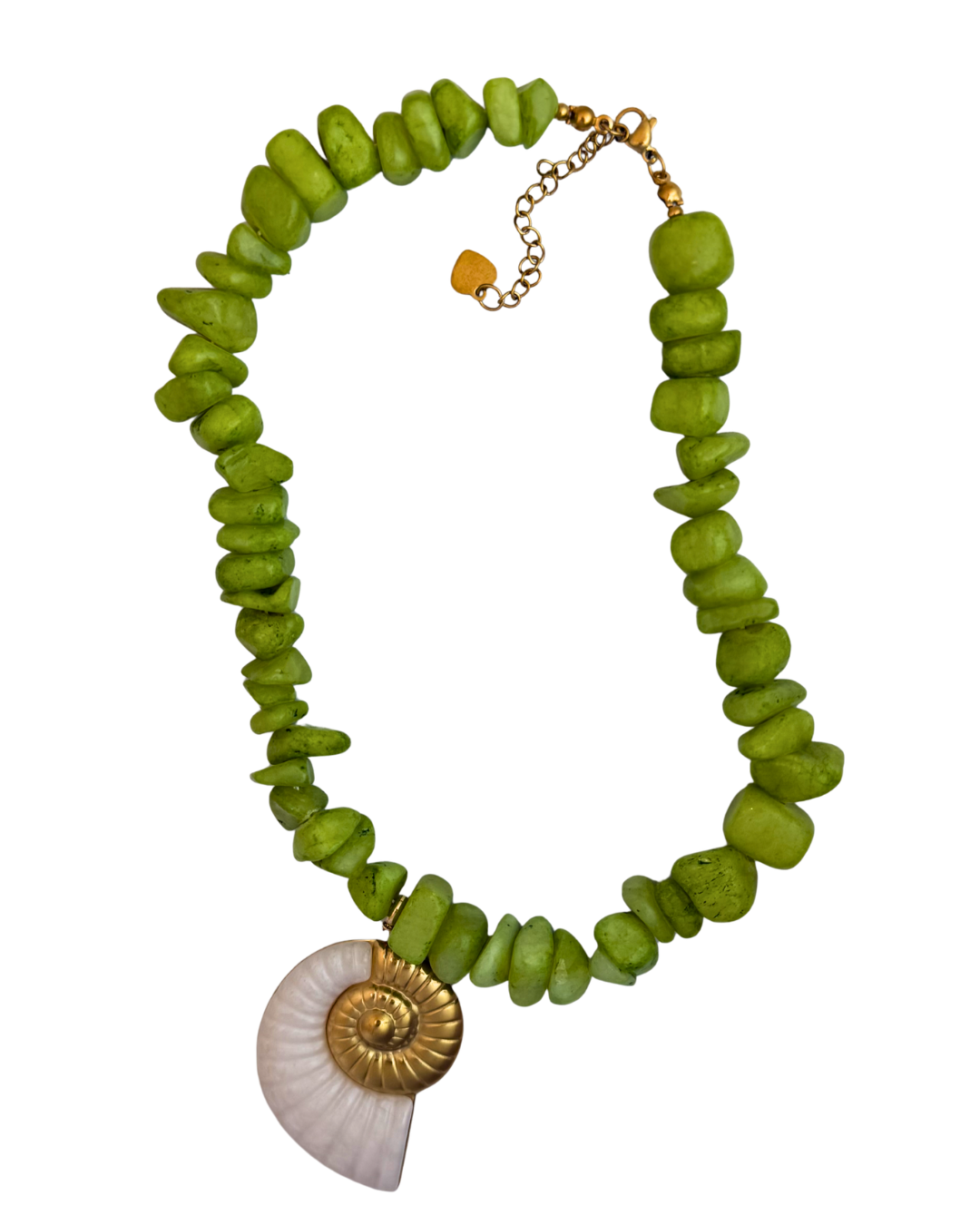 Seagrass Cowgirl Necklace with green bead strand and gold-toned spiral shell pendant