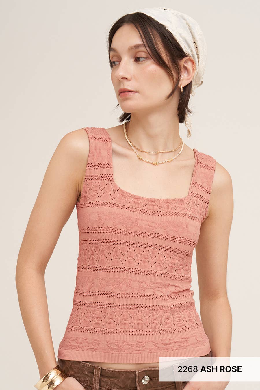 Lace Textured Square Tank Top / Ash Rose
