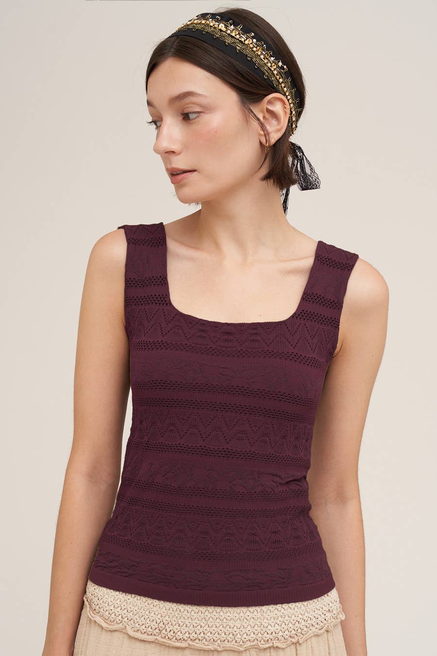 Lace Textured Square Tank Top/ Raisin