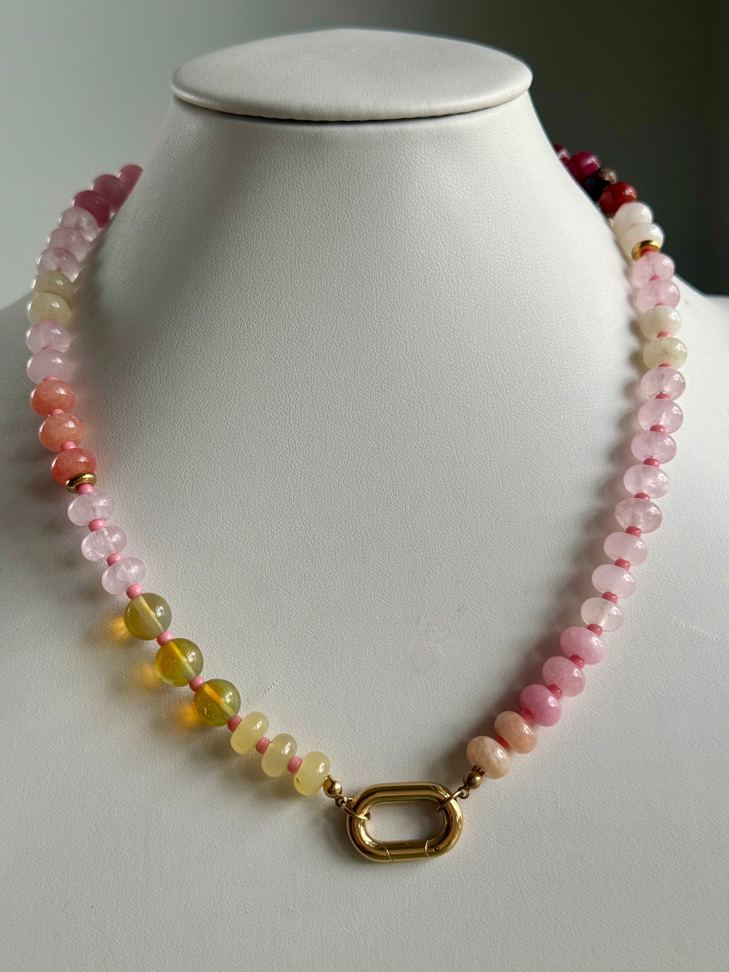 Keepsake Strand Necklace Elise; pink and pale-yellow beads with a gold-toned clasp
