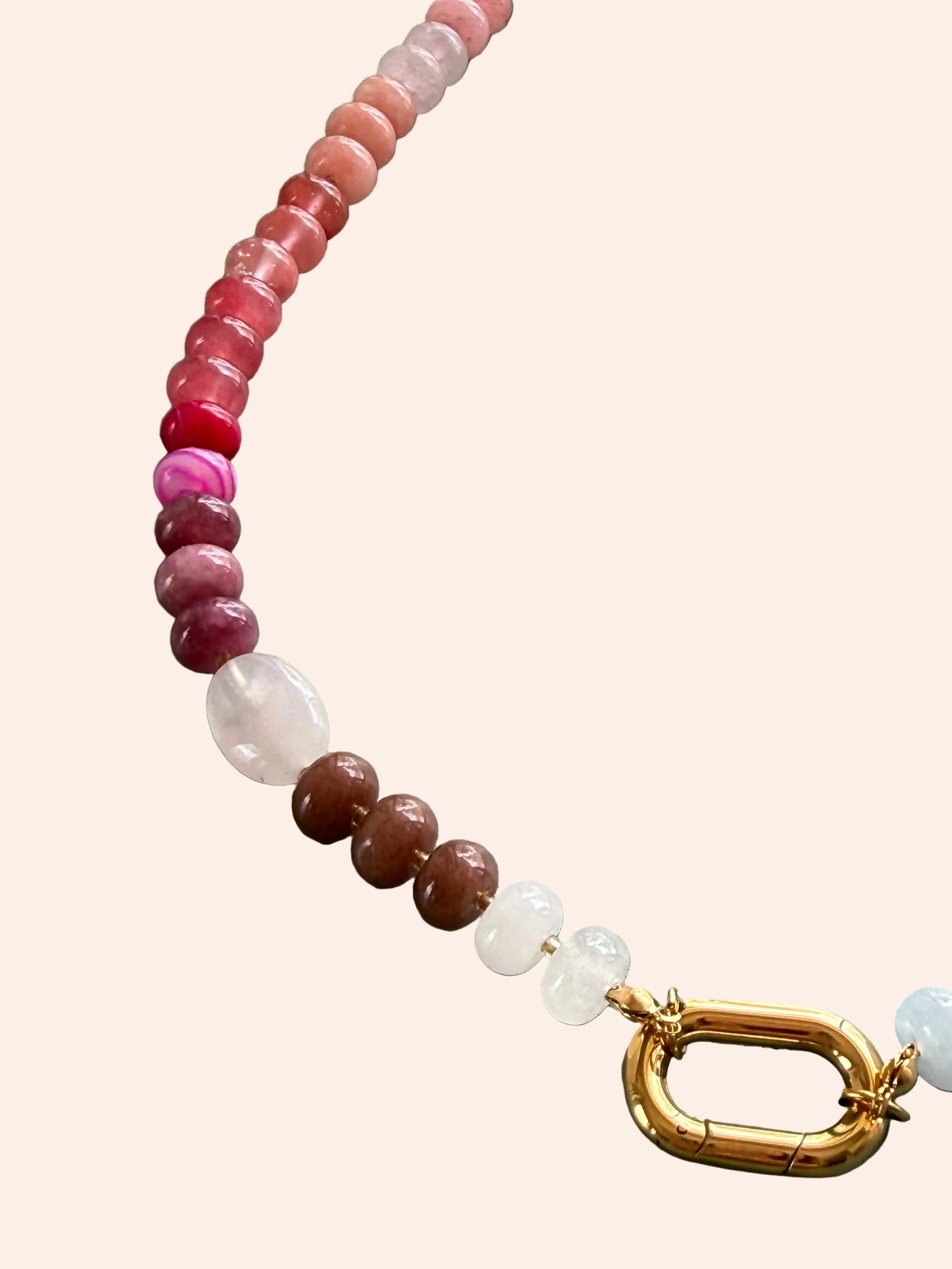 Keepsake Strand Necklace with pink-to-white gradient glass beads and a gold clasp