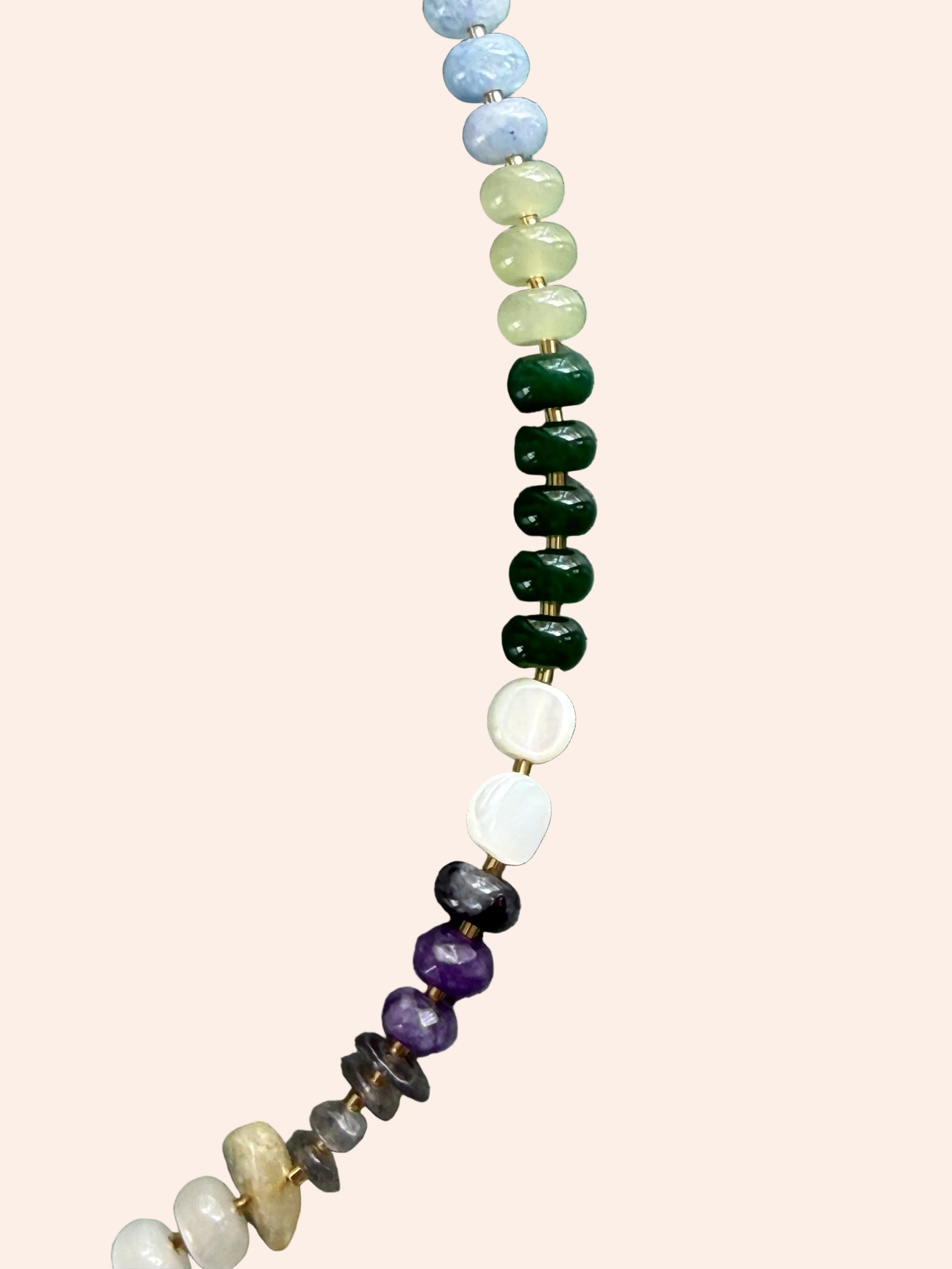 Keepsake Strand Necklace Painted Sky with pastel blue, green, white, and purple disc beads
