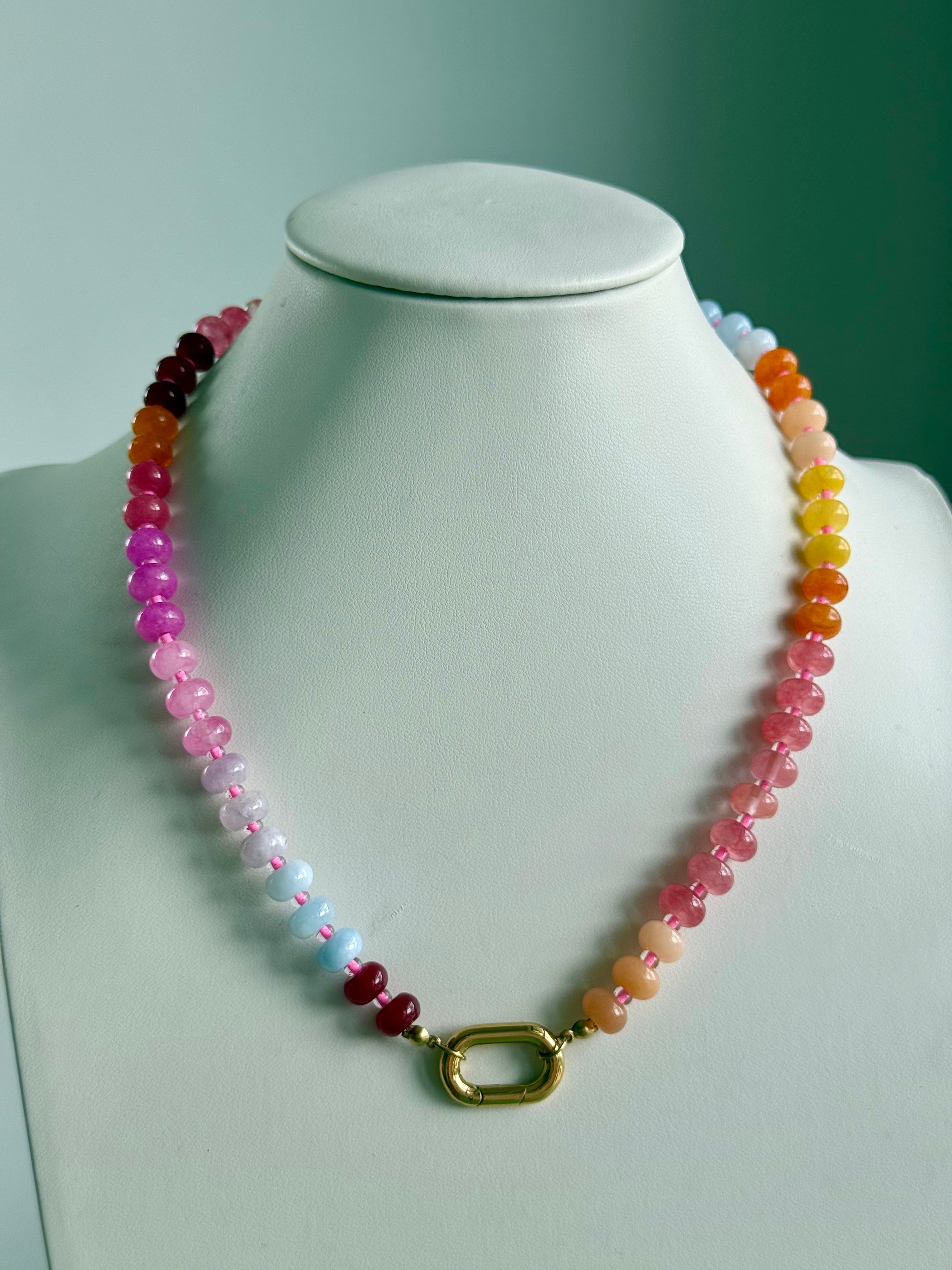 Keepsake Strand Necklace by From Juniper With Love; pastel pink, blue, and yellow glass beads with a gold-tone clasp