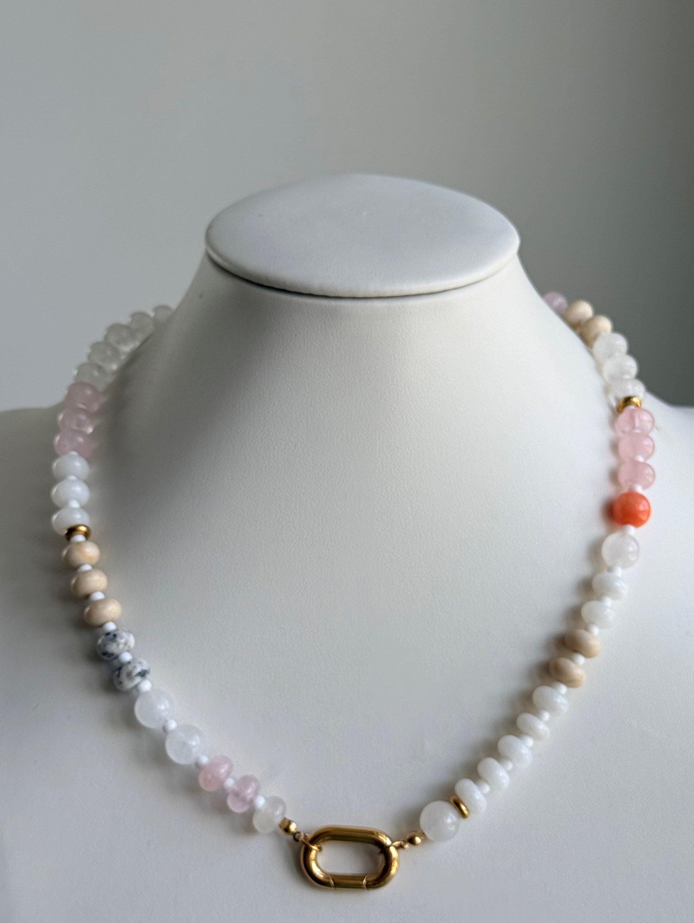 Keepsake Strand Necklace by From Juniper With Love; pastel pink and white beads with gold clasp.