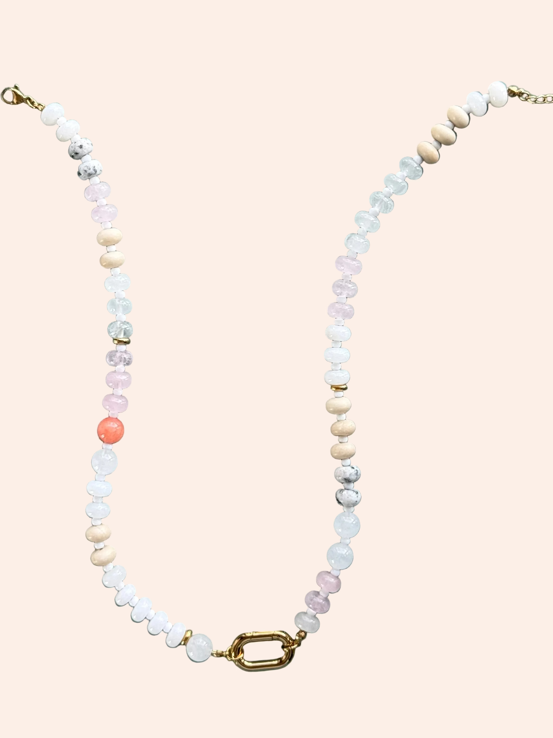 Keepsake Strand Necklace by From Juniper With Love; linen-light pastel gemstone beads on a gold-tone chain.