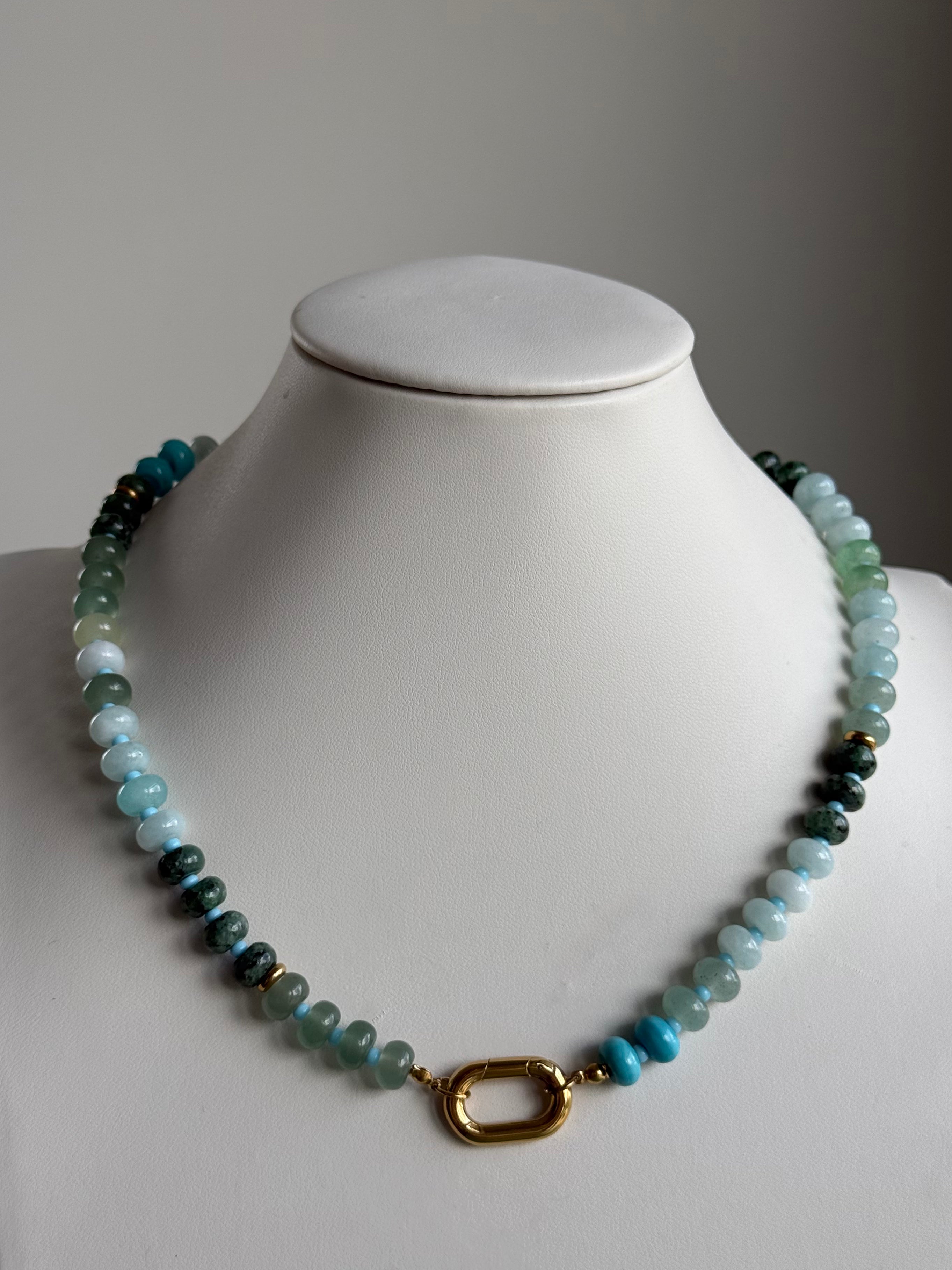 Keepsake Strand Necklace Laguna Tide by From Juniper With Love; pastel aqua gemstone beads with a gold-tone clasp