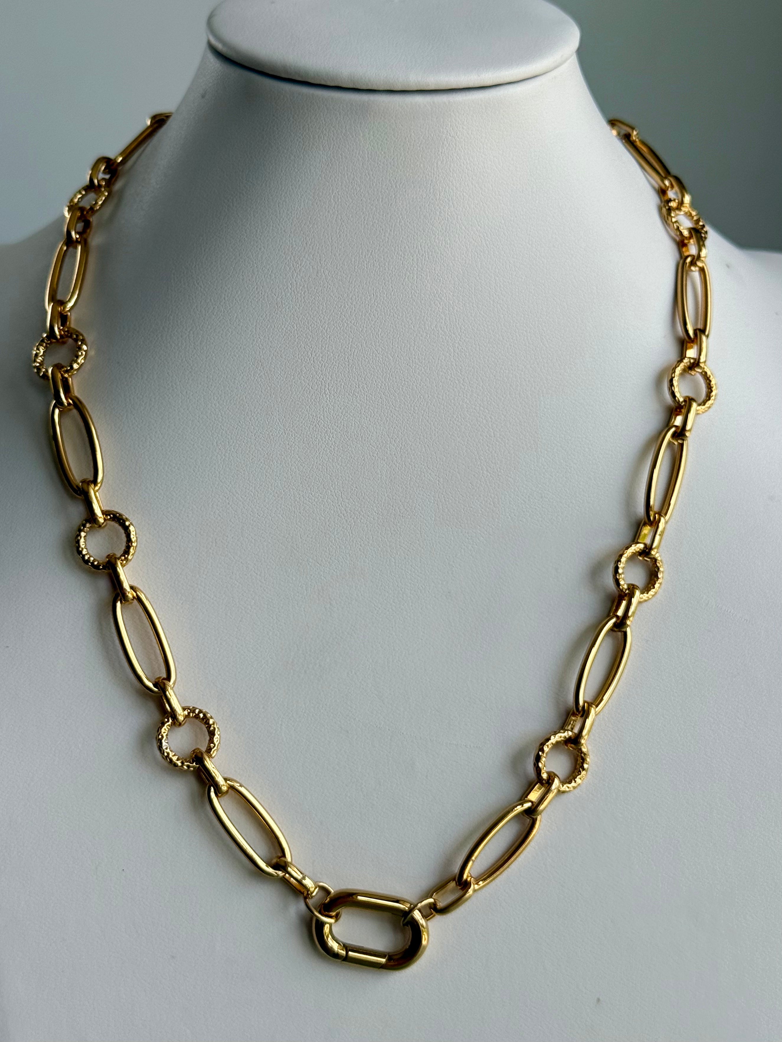 Signature Chain necklace by From Juniper With Love in gold with textured circle links and elongated oval links.