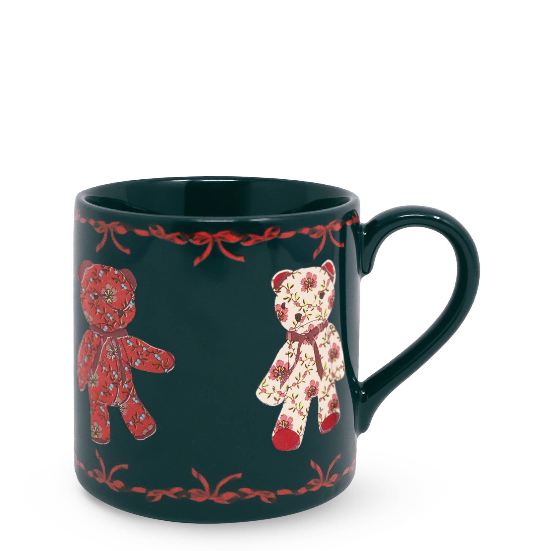 Ceramic mug Beary Festive; dark teal with two floral bear illustrations.