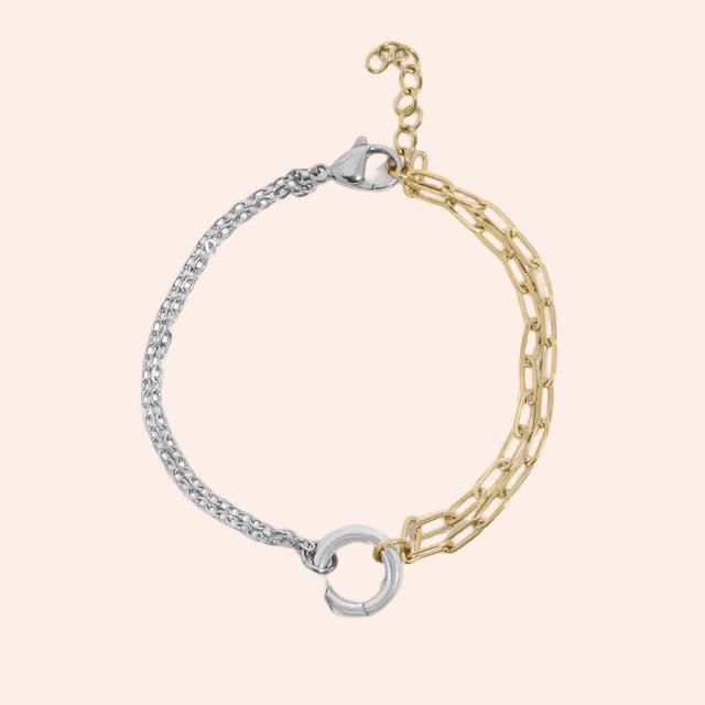 Charm Holder Bracelet two-tone silver and gold metal with extender chain