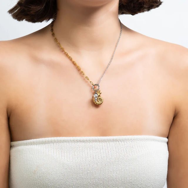 Charm Holder Necklace, two-tone gold-silver chain with gold sunburst pendant