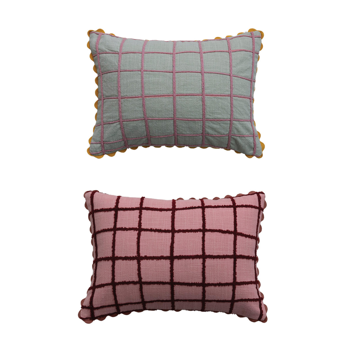 Cotton Lumbar Pillow with Embroidered Grid Pattern, 2 Colors