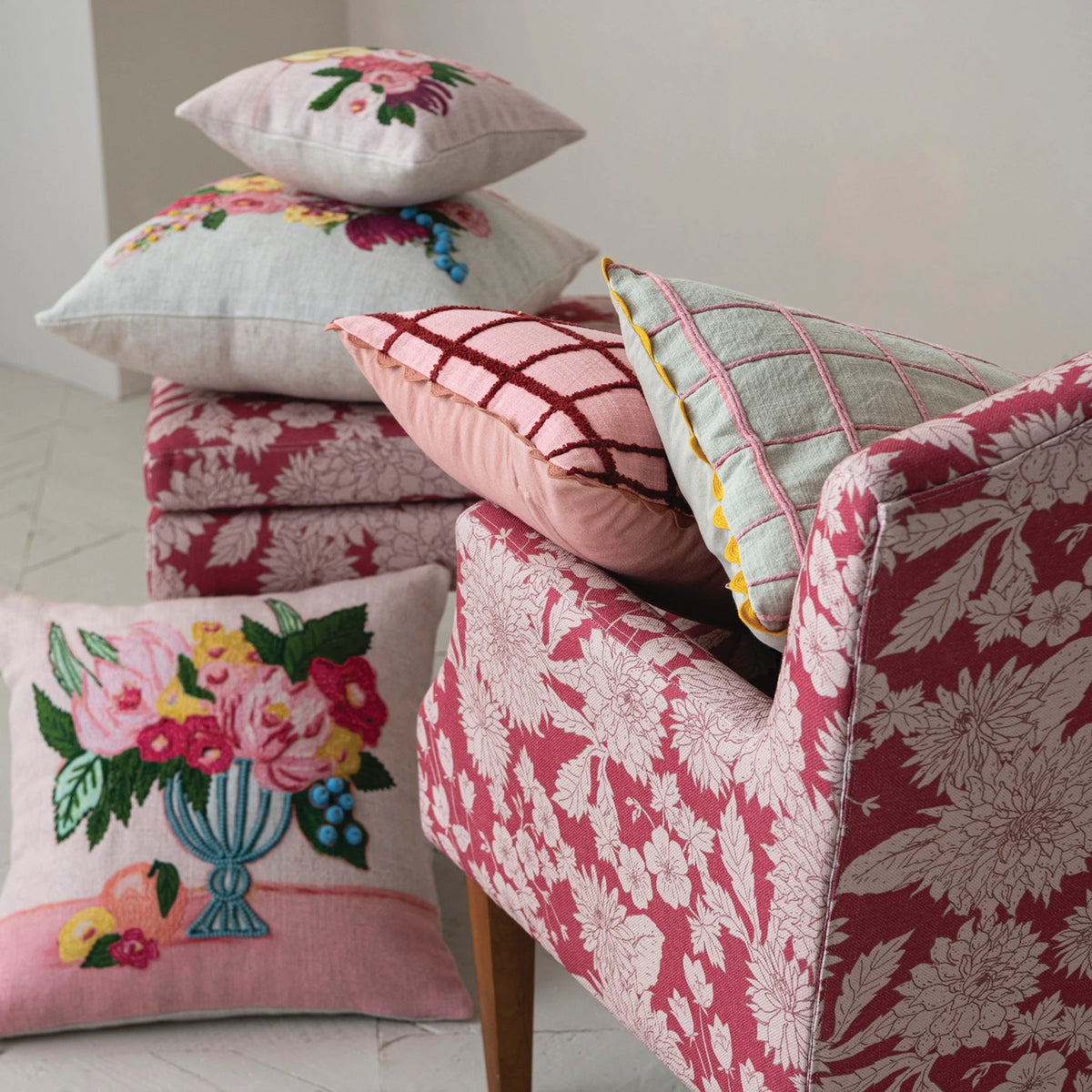 Cotton Lumbar Pillow with Embroidered Grid Pattern