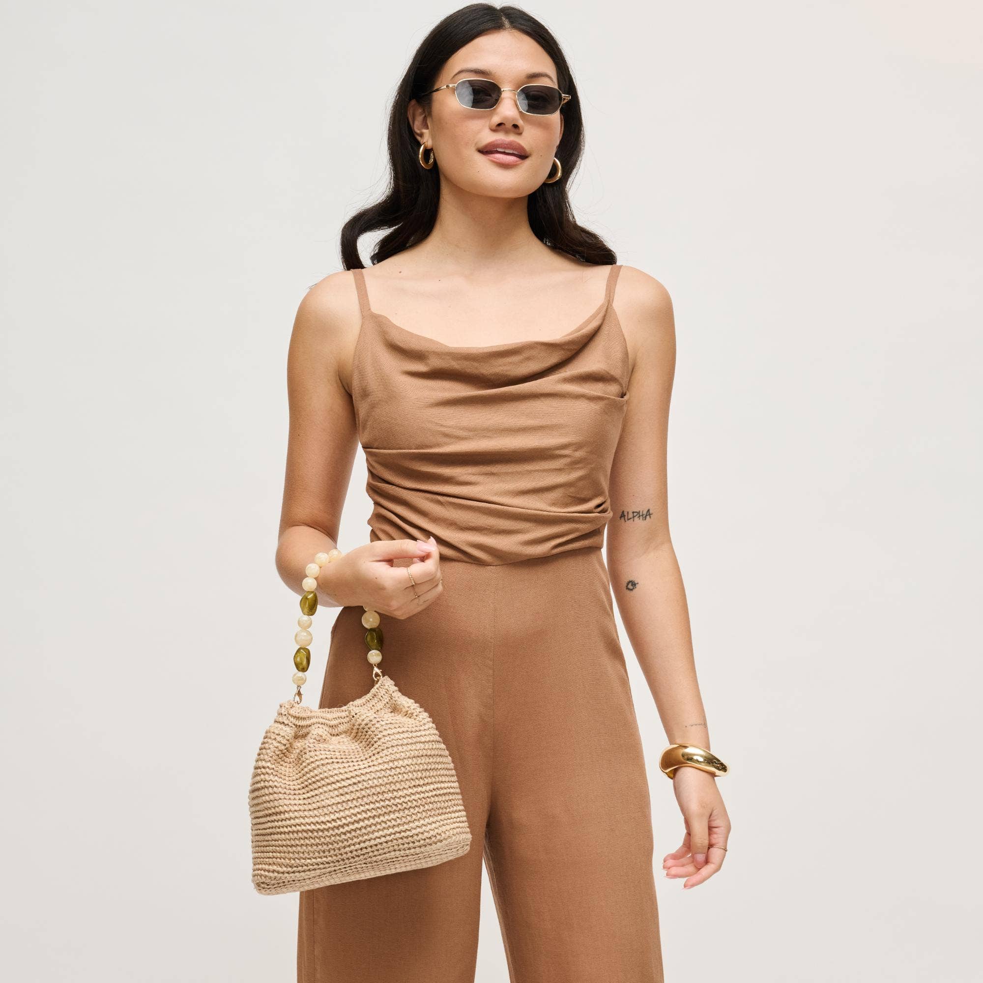 Emery Crossbody bag by Urban Expressions in natural woven straw with beaded strap
