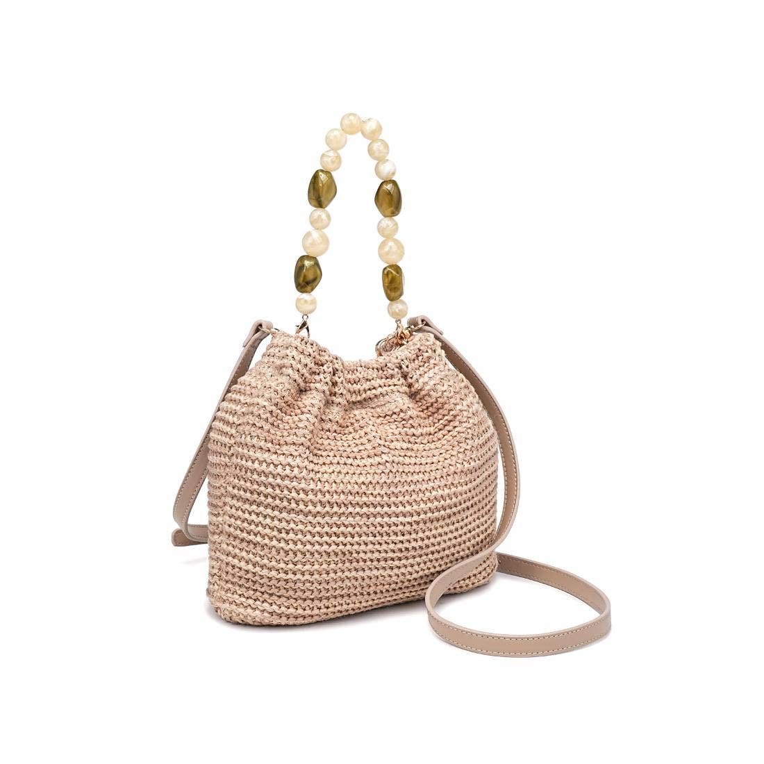 Emery Crossbody bag by Urban Expressions, natural beige woven straw with beaded handles and crossbody strap