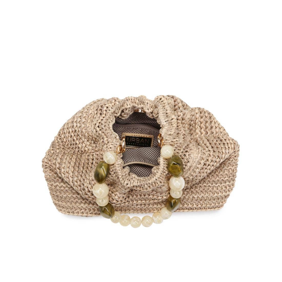Emery Crossbody: Natural beige knit bag with ivory and olive beaded strap by Urban Expressions.