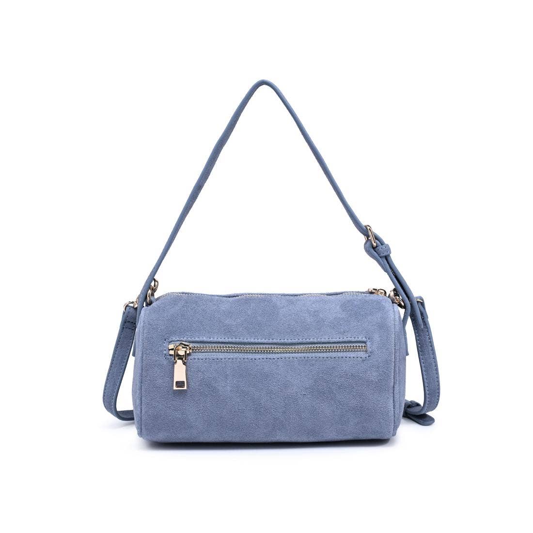 Emmi Shoulder Bag in slate blue suede with front gold-tone zipper pocket and adjustable strap
