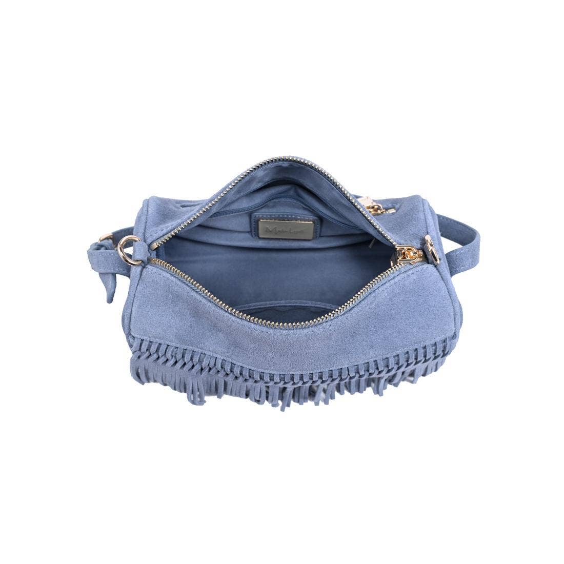 Emmi Shoulder Bag by Moda Luxe in slate blue suede with fringe trim and top zipper