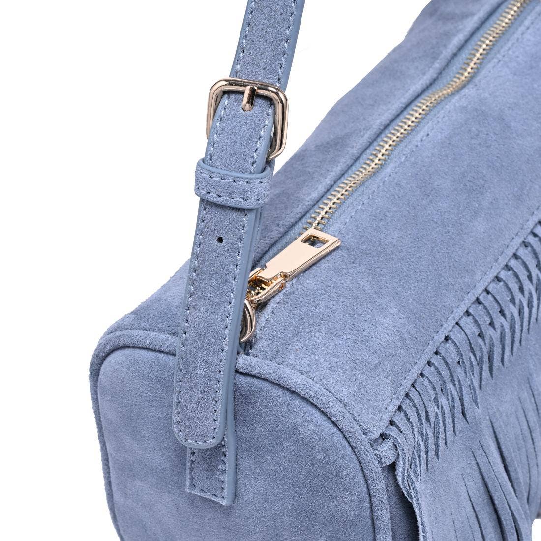 Emmi Shoulder Bag by Moda Luxe in slate blue suede with fringe and gold zipper