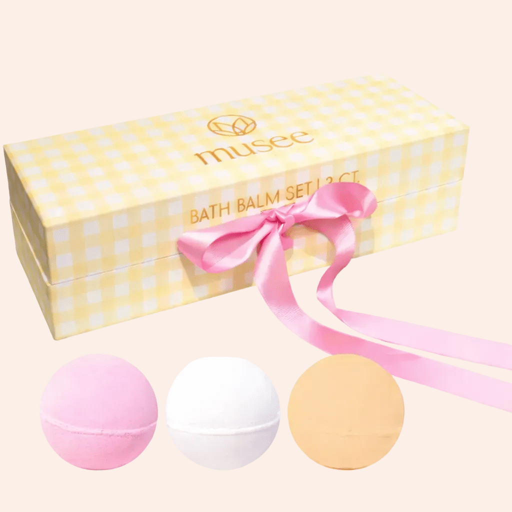 Gingham Three Balm Set by Musee; yellow box with pink ribbon and three balms in pink, white, peach.