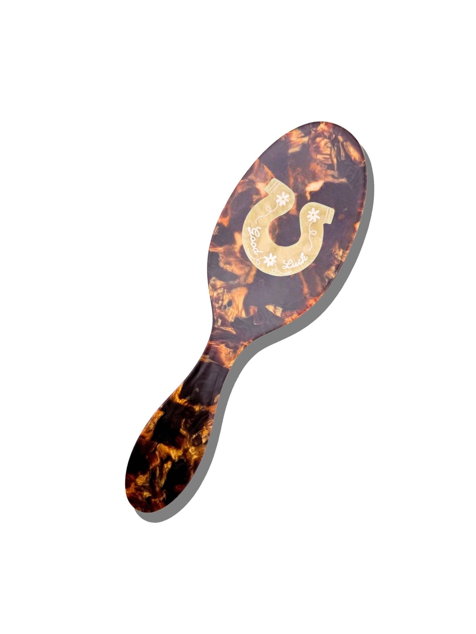 Hand-Painted Good-Luck Horseshoe Hair Brush in tortoiseshell pattern by Solar Eclipse, eco-friendly