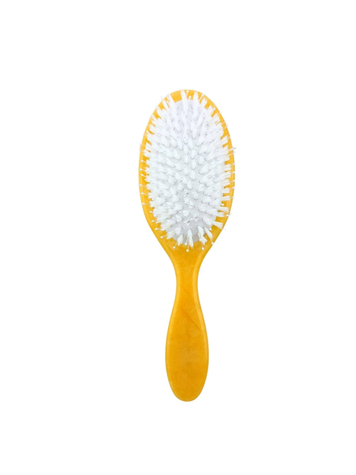 Hair brush with yellow handle and white bristles, oval head