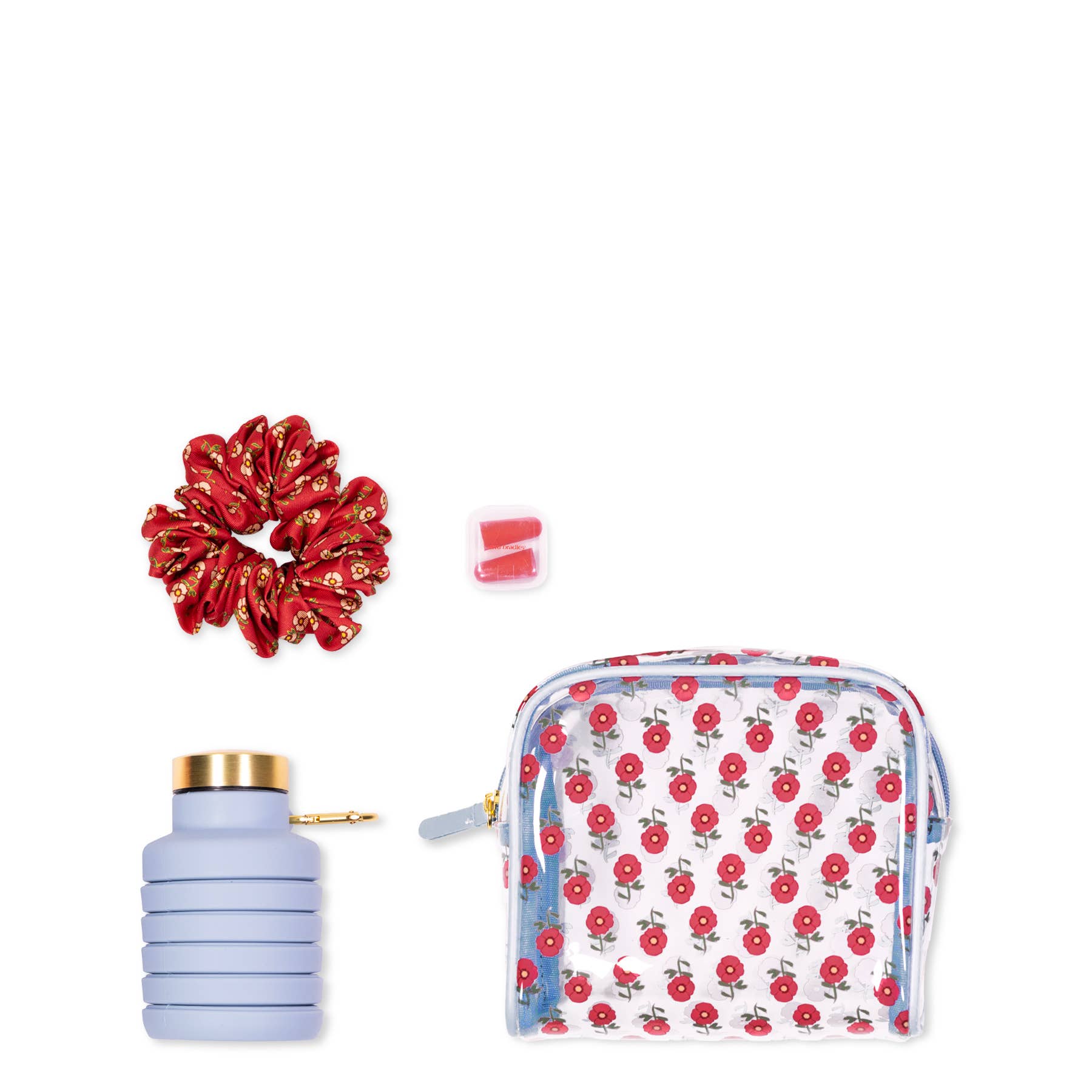Jet Setter Travel Kit, Tiny Poppies by Vera Bradley; red floral scrunchie, pink lip balm, lavender bottle, floral pouch