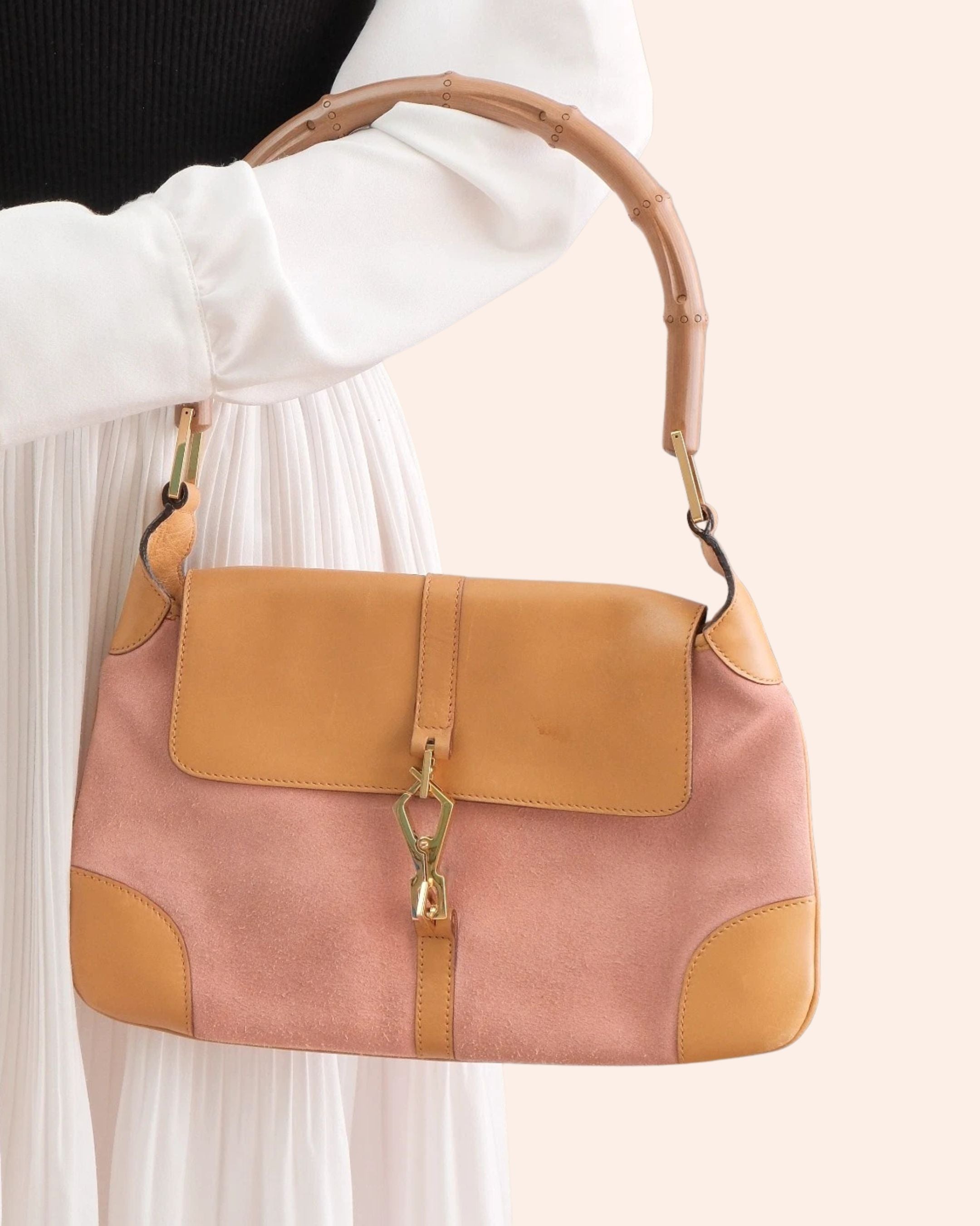 Gucci Jackie Bamboo Handbag / Blush Suede & Camel Leather