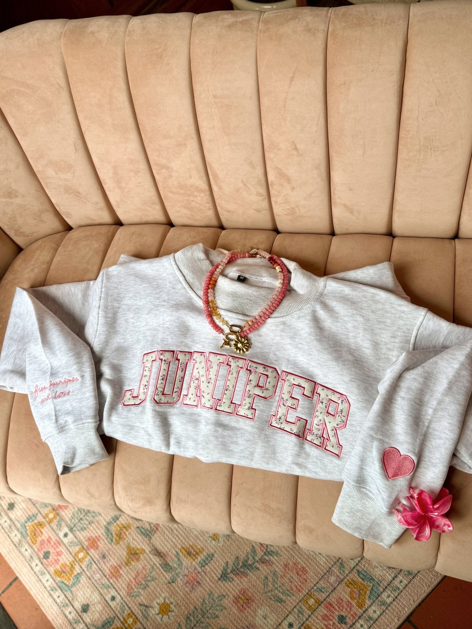 Juniper Collegiate Mock Neck sweatshirt in gray heather by From Juniper With Love; JUNIPER lettering and necklace.