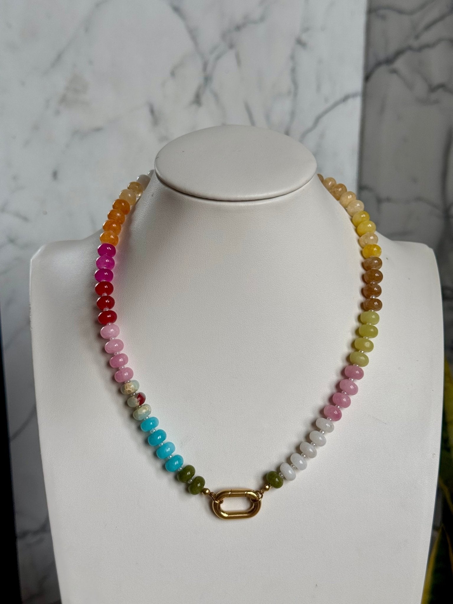 Keepsake Strand Necklace Confetti; multicolor pastel beads and gold clasp
