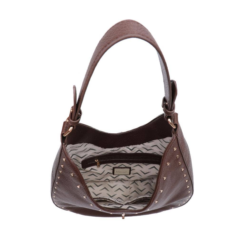 Olivia Hobo by Moda Luxe in chocolate brown pebble leather with gold studs and interior zip pocket