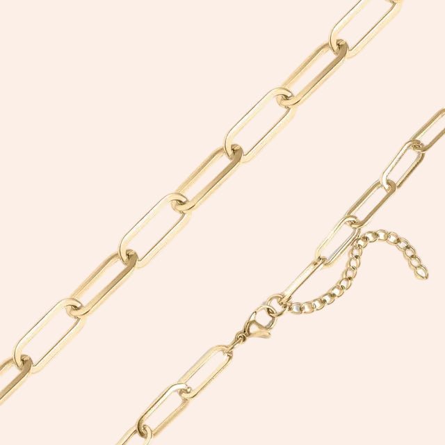 Paperclip chain necklace, gold 4mm, From Juniper With Love, adjustable extender.