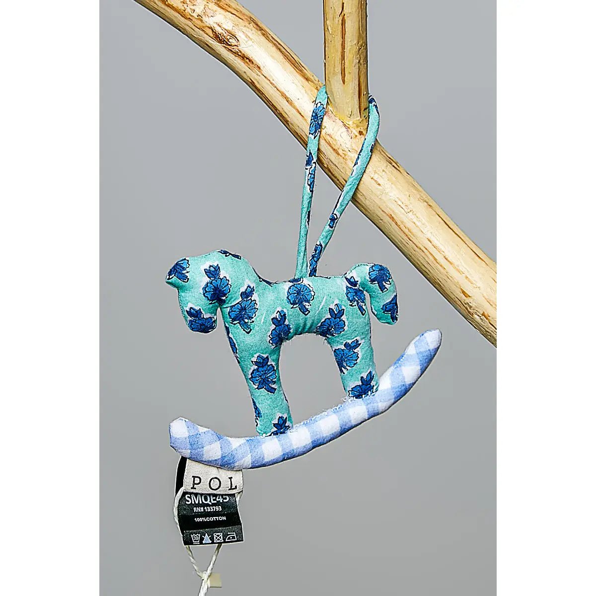Plush rocking horse bag charm in teal with blue floral print and blue gingham rocker, POL
