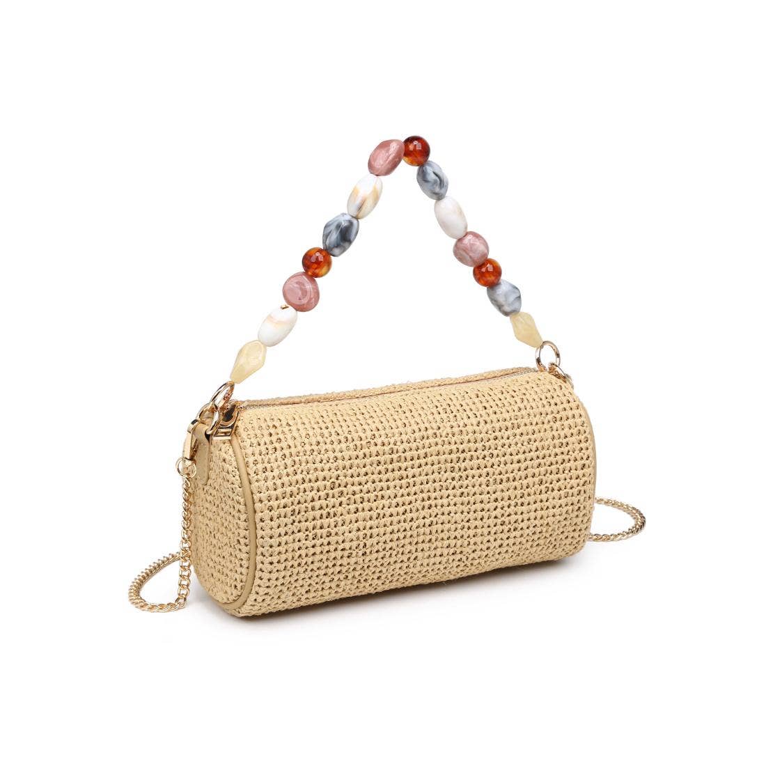 Rachel Straw Clutch by Urban Expressions in natural woven straw with a multicolor beaded handle and gold chain strap