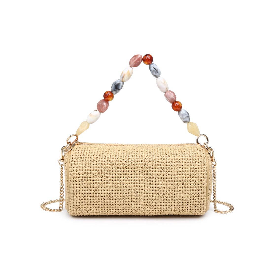 Rachel straw clutch in natural by Urban Expressions; gold-tone chain strap and multicolored beaded handle.