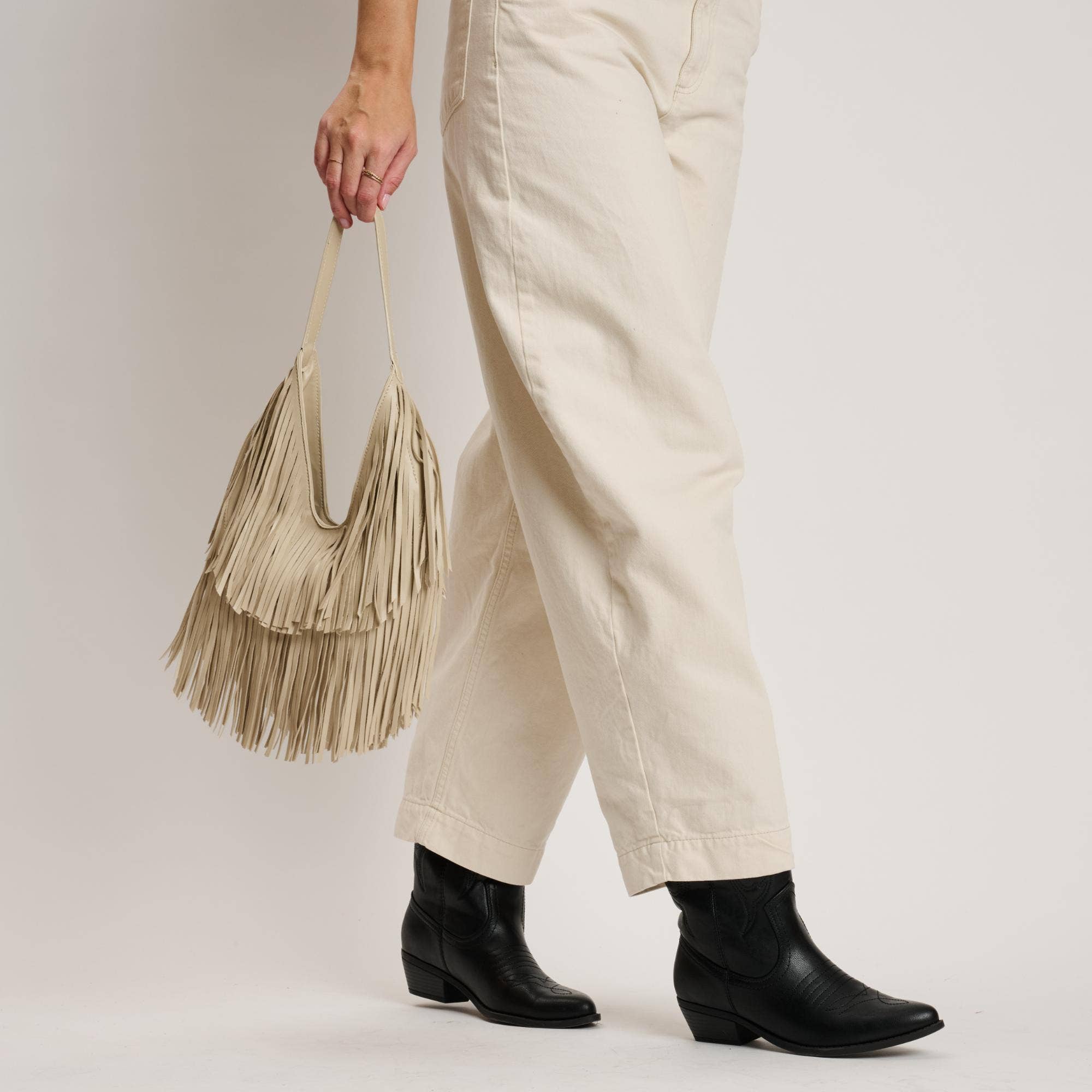 Stevie Hobo bag, cream color with fringe tassels, by Moda Luxe