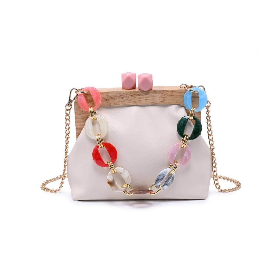 Talullah Cameo Evening Bag Ivory by Urban Expressions with colorful beaded chain strap and wooden clasp.