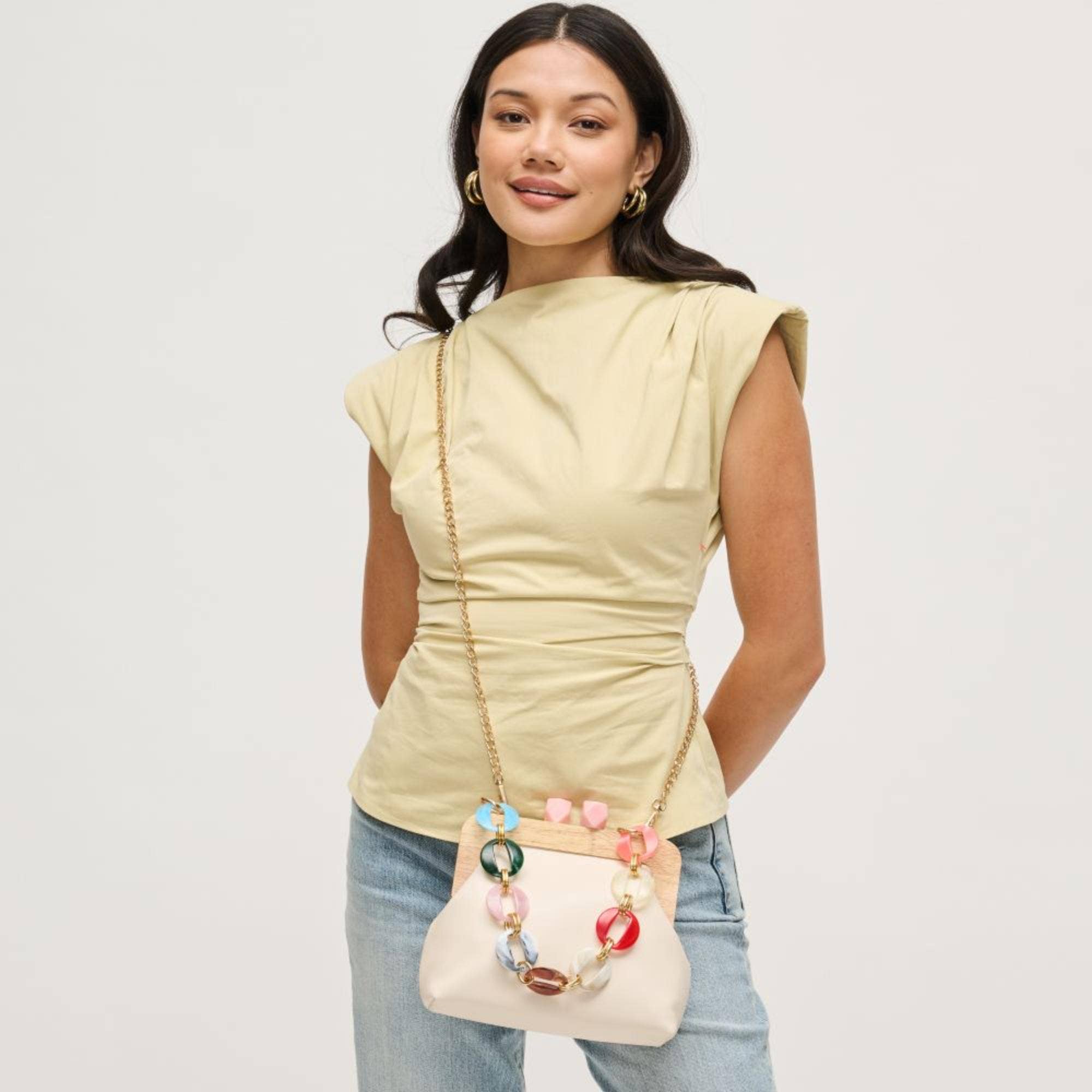 Talullah Cameo Evening Bag Ivory with gold chain strap and colorful bead accents