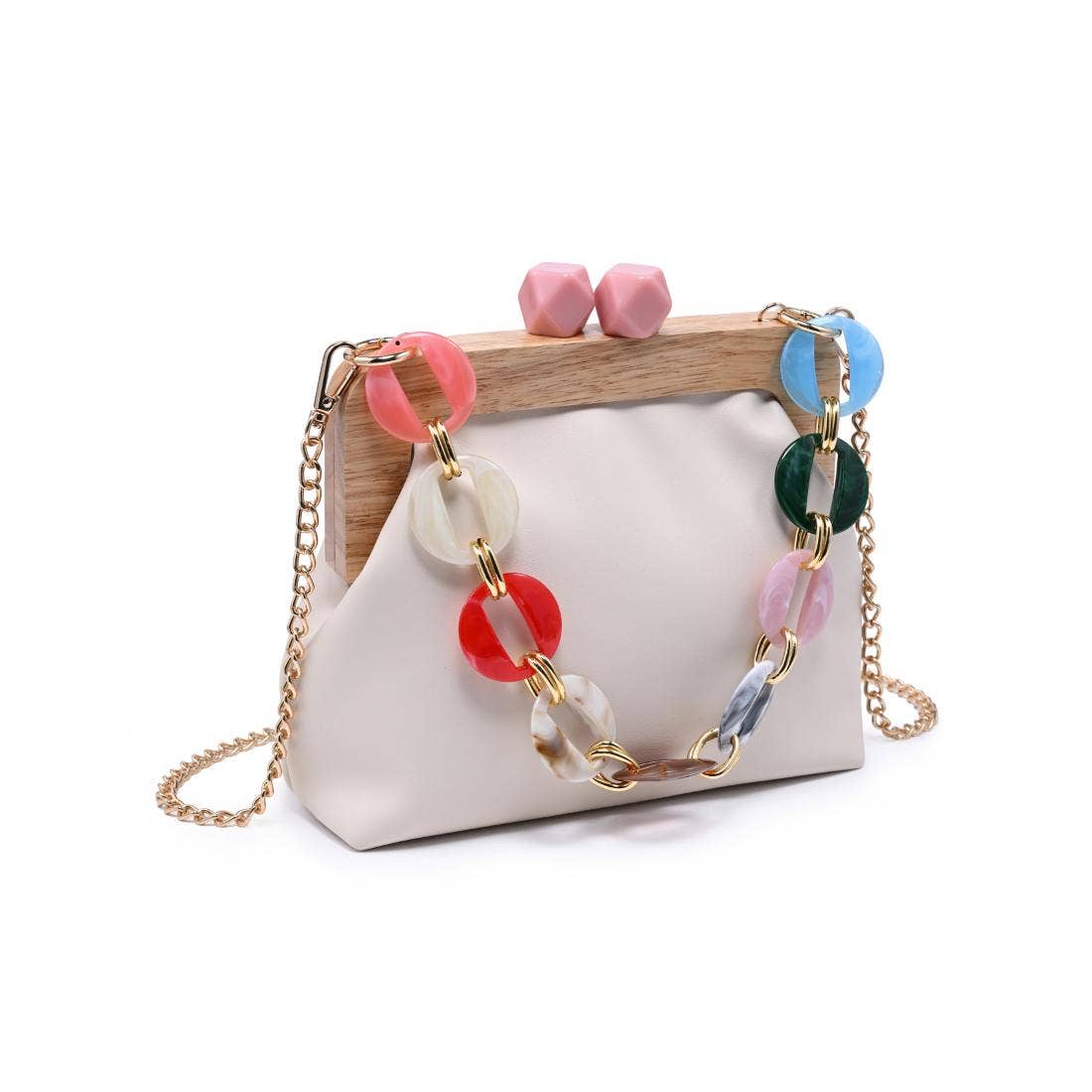 Talullah Cameo Evening Bag Ivory by Urban Expressions with a wooden top frame and colorful acrylic chain