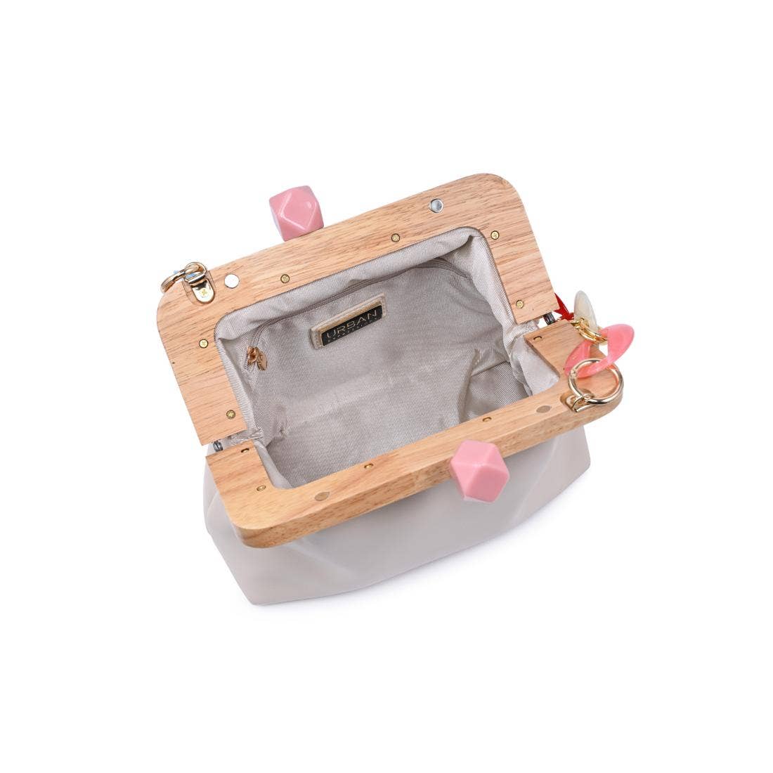 Talullah Cameo Evening Bag, Ivory by Urban Expressions; wood-frame clutch with pink accents