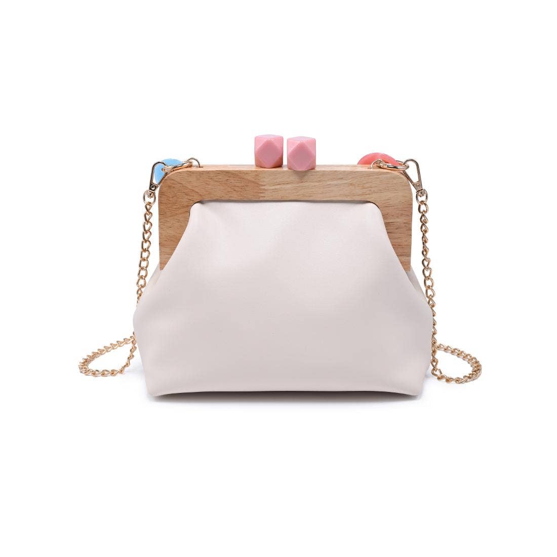 Talullah Cameo Evening Bag, ivory satin with a wooden frame and gold chain strap.