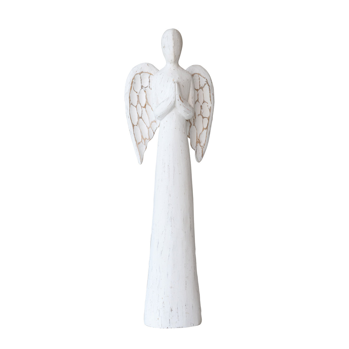 Hand-Painted Carved Mango Wood Angel, Distressed Finish, White