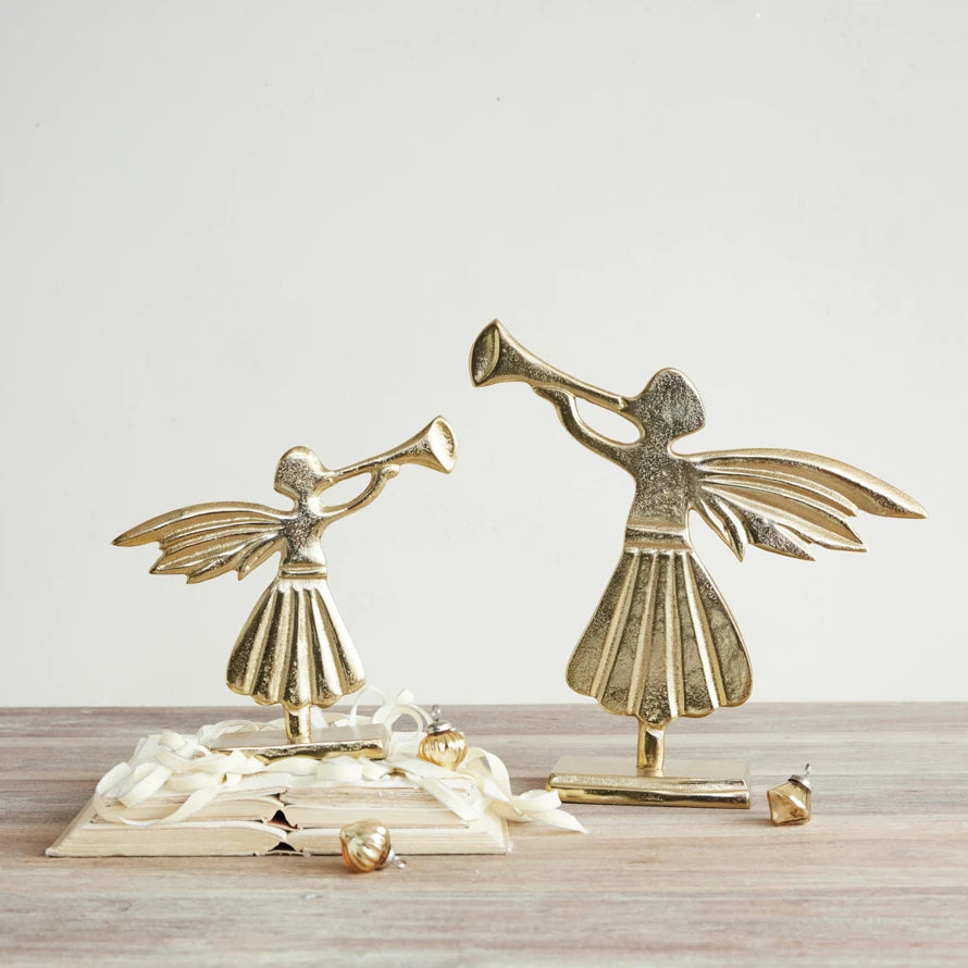 Cast Aluminum Two-Sided Angel with Trumpet / Gold Finish
