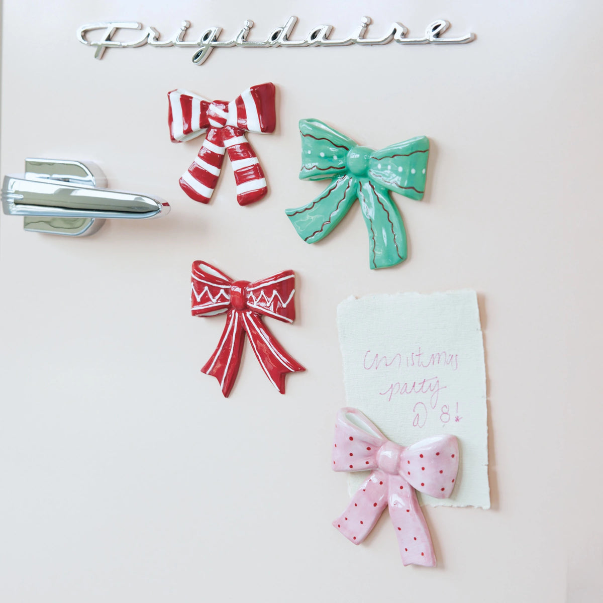 Hand-Painted Stoneware Bow Shaped Magnet Set