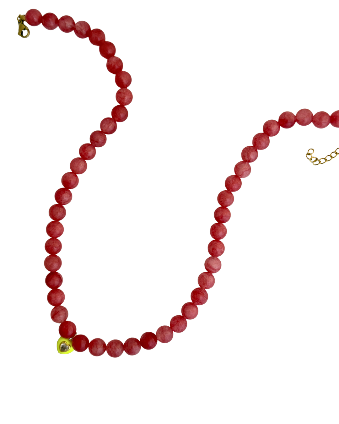 Cherry Heat Necklace, red beaded necklace with a lime-green heart pendant and gold-tone clasp