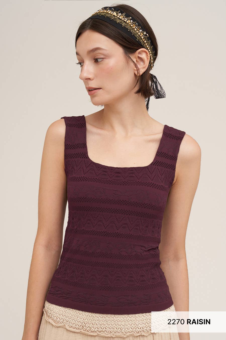 Lace Textured Square Tank Top/ Raisin