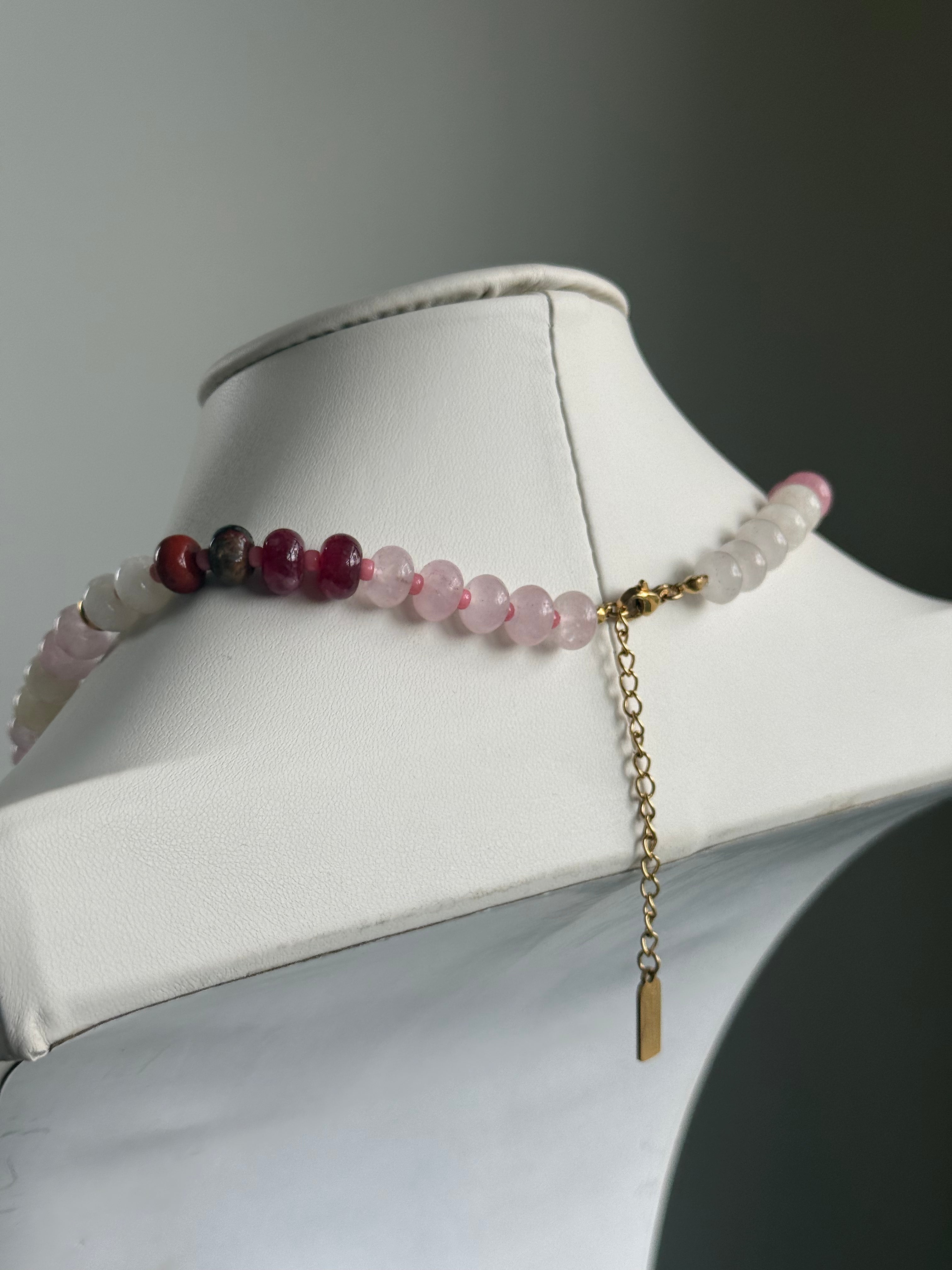 Keepsake Strand Necklace Elise; pink beaded strand with gold chain accent