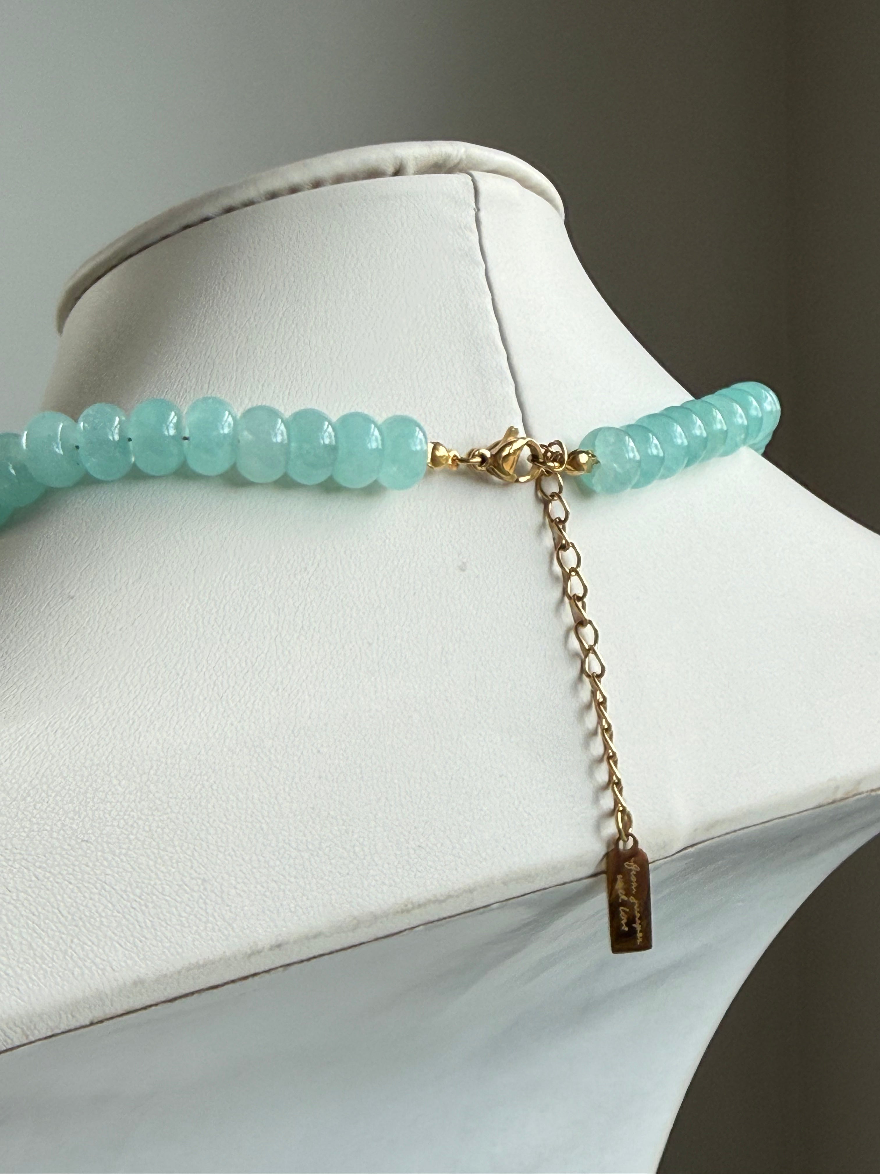 Keepsake Strand Necklace with turquoise sea-glass beads on a gold-tone chain