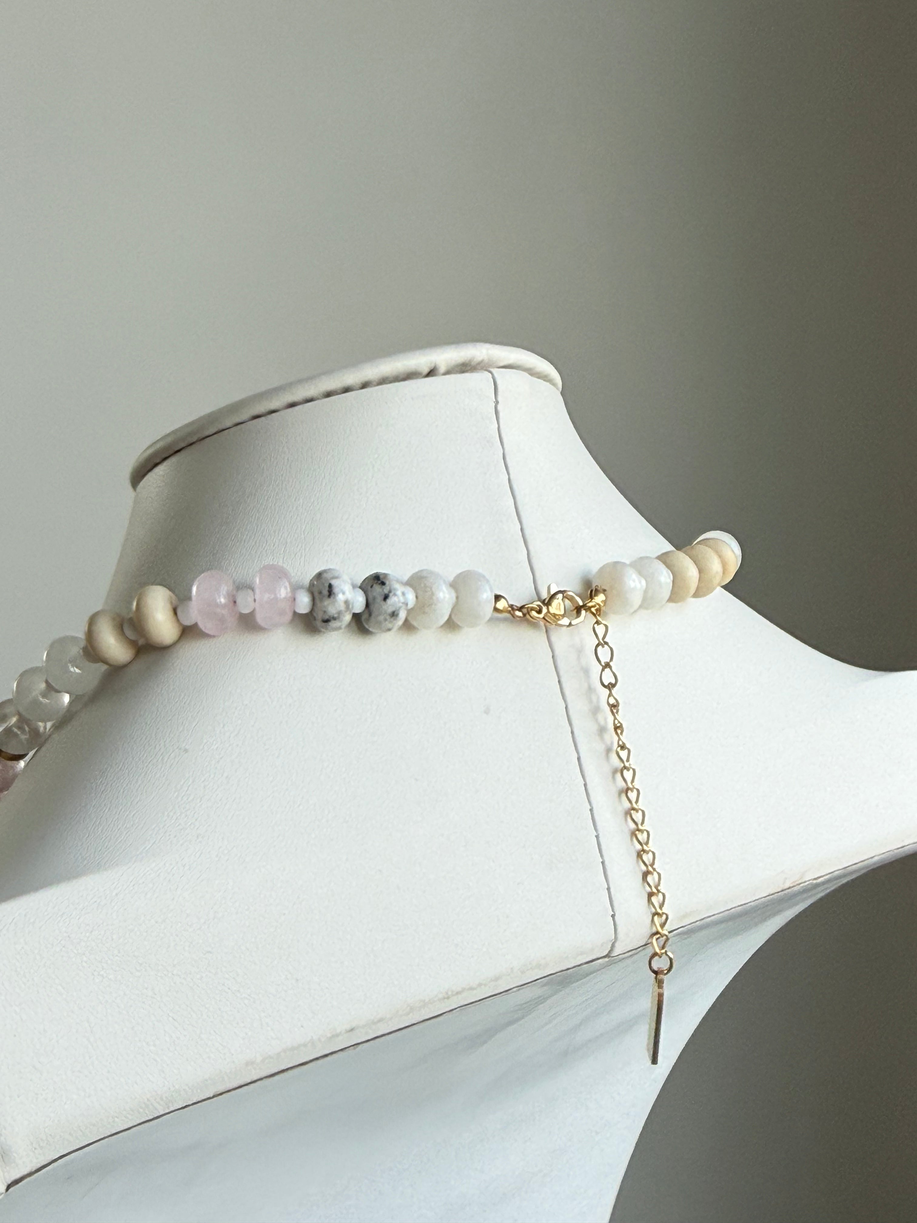 Keepsake Strand Necklace Linen Light by From Juniper With Love; beaded pale pink, white and gray strand with gold clasp.