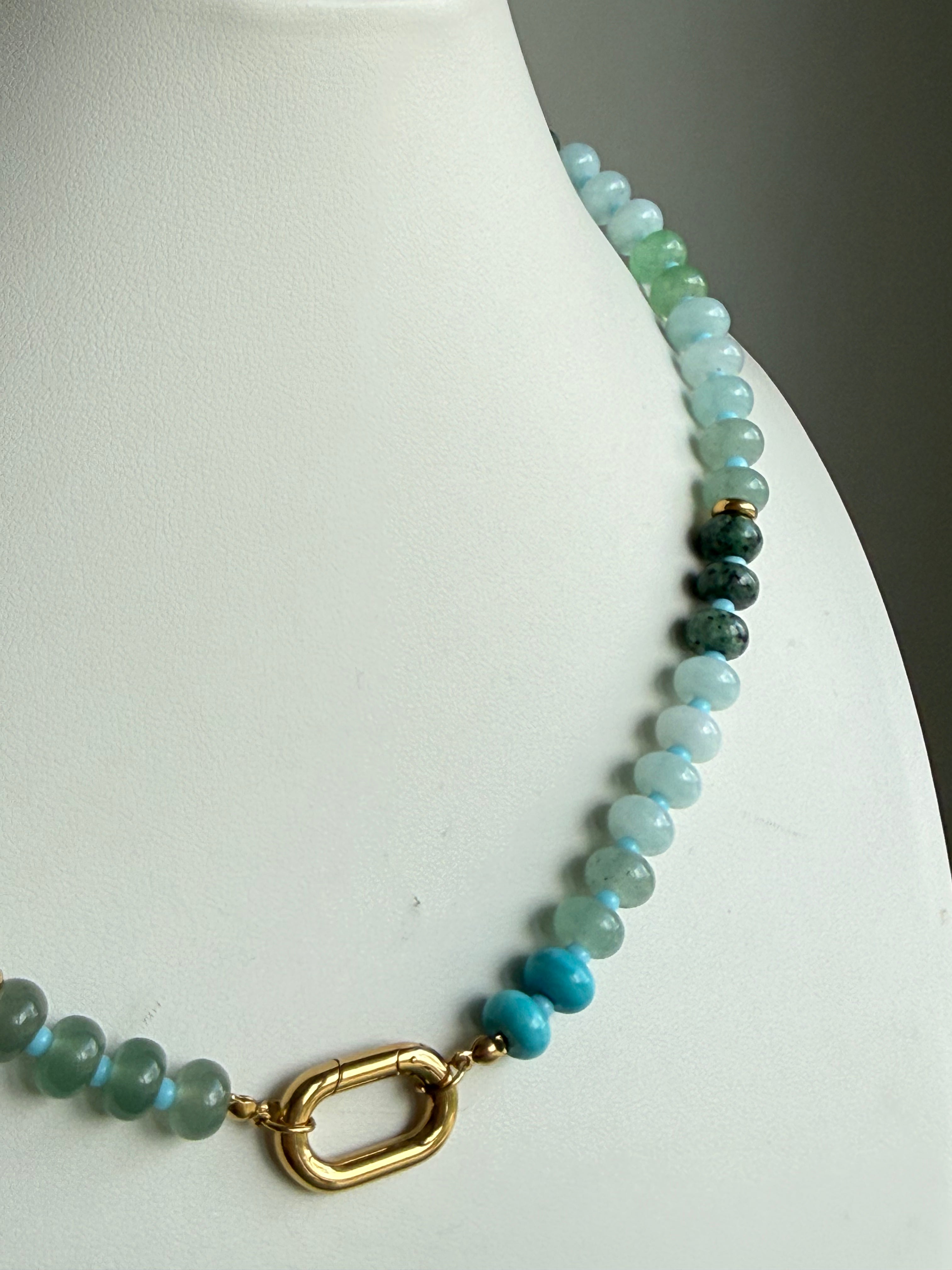 Keepsake Strand Necklace Laguna Tide by From Juniper With Love, pale blue-green gemstone beads with gold clasp